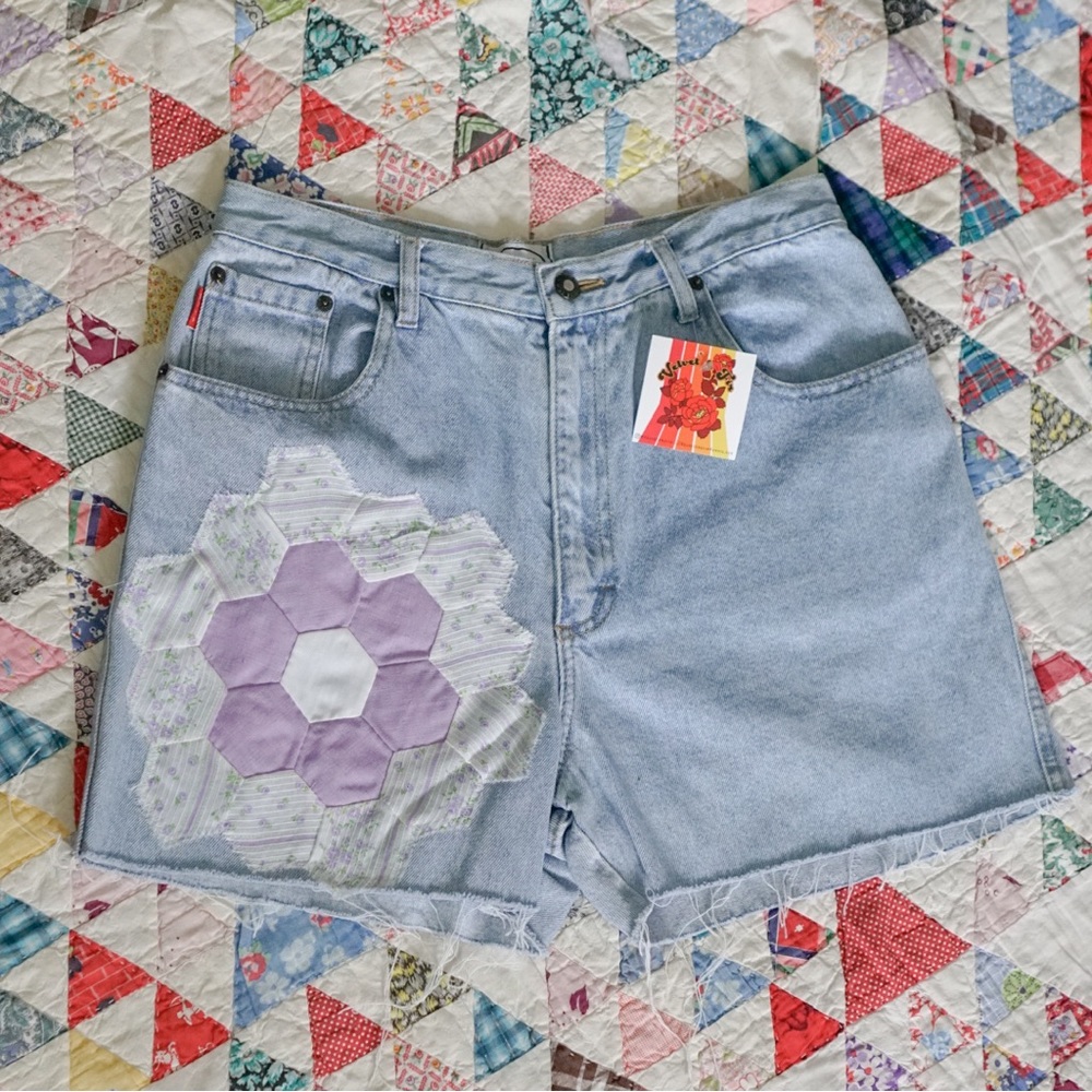 Light wash and lilac quilt shorts